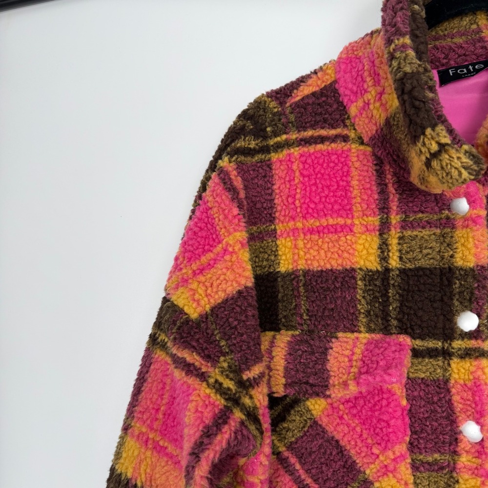 Fate Women's Pink Multi Plaid Sherpa Oversized Fleece Cozy Core Jacket  Large - Picture 5 of 8